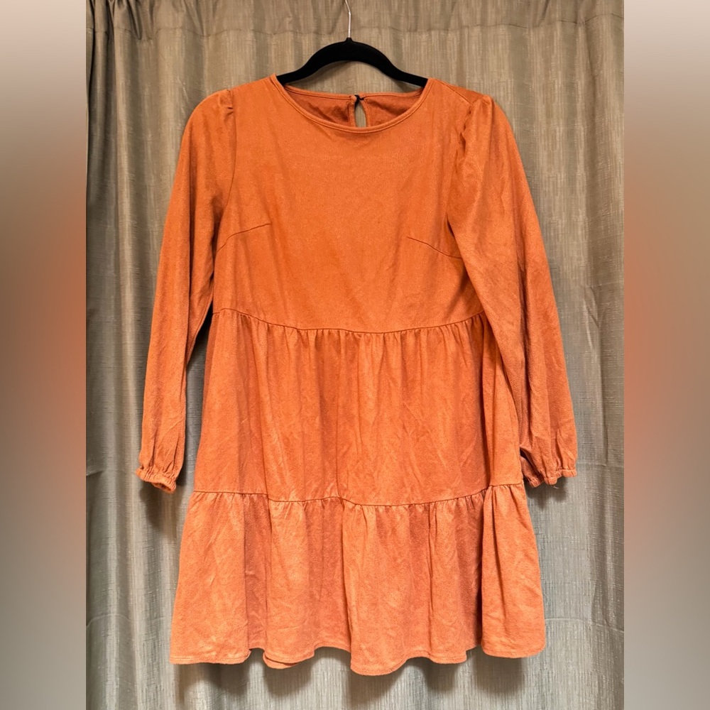 Rust Orange/Tan Long Sleeve Suede Dress